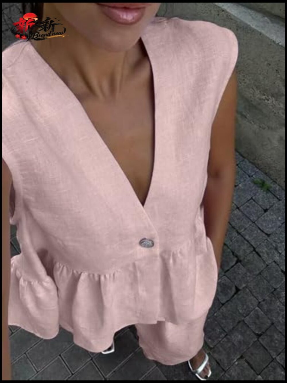 Sleeveless V Neck Peplum Vest Wide Leg Pant Suit Set 2 Piece Summer Outfit - Picture 6 of 7